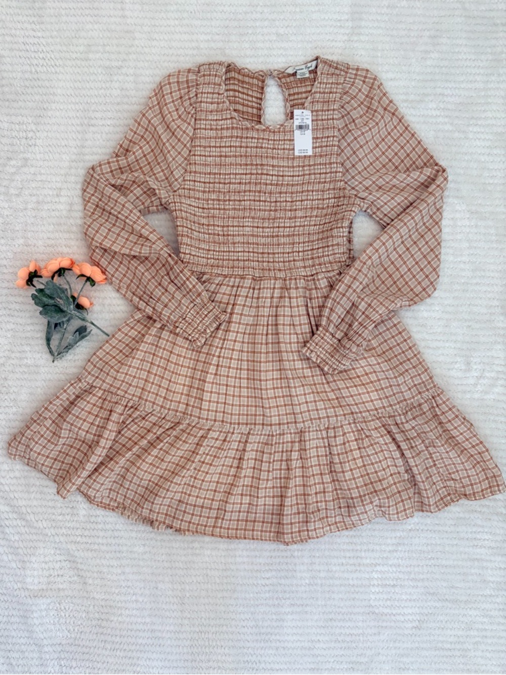NWT American Eagle Plaid Smocked Mini Dress M Cottagecore Prairie Long Sleeve